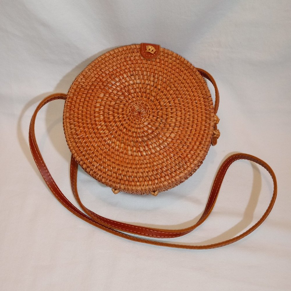 Handwoven Round Rattan Wicker Crossbody Boho Bag